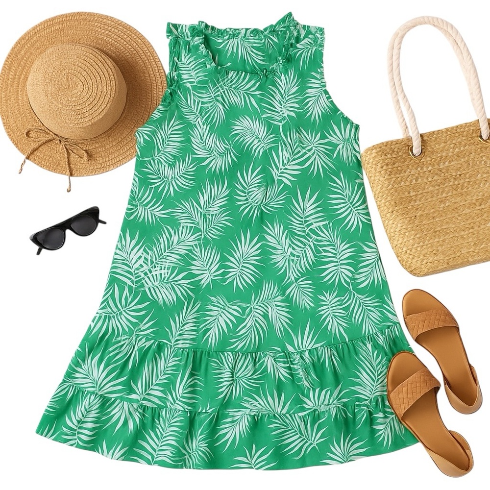 Maia Palm Leaf Print Ruffle Neck Sleeveless Dress Sz 18 Lined Cotton in EUC